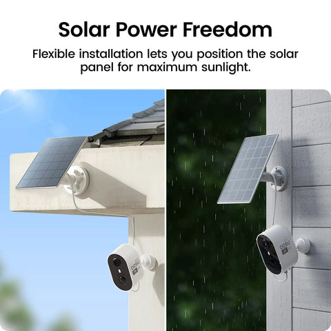 Two views of solar security cameras wireless outdoor home system with true 2K HD video, flexible solar panel installation.