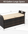 40 Gallon Outdoor Rattan Deck Box With Cushioned Seat 2.3 Inch Thick Cushion Steel Framed Patio Wicker Storage Chest