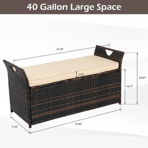 40 Gallon Outdoor Rattan Deck Box With Cushioned Seat 2.3 Inch Thick Cushion Steel Framed Patio Wicker Storage Chest