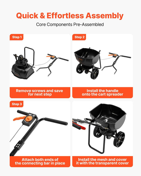 Step-by-step assembly of Broadcast Lawn Spreader With 9.8 Ft Coverage, 10 In All Terrain Tires, Adjustable Flow Control, 15 Lb Hopper