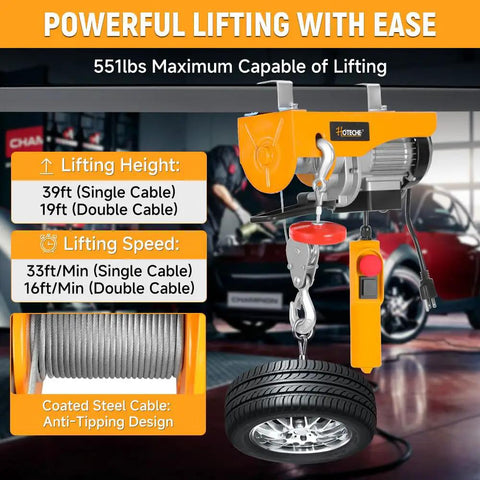 Heavy Duty Electric Hoist Providing 550 Pound Lifting Capacity And Powerful 560 Watt Motor Smoothly Moves Engines And Tools Without Breaking A Sweat For Garage Or Shop Renovations