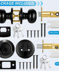 4 Pack Front Door Lock Set in Matte Black With Deadbolt and Door Knob, Keyed Alike Single Cylinder Lockset components