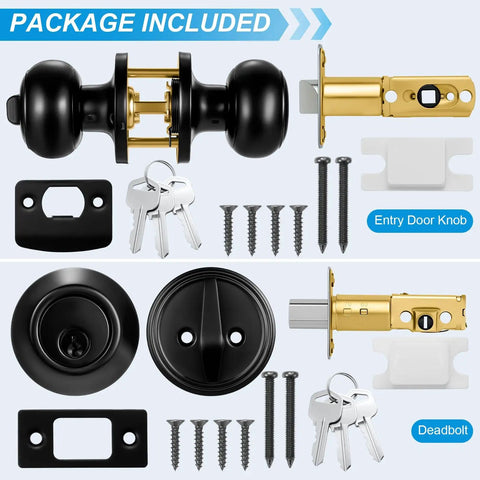 4 Pack Front Door Lock Set in Matte Black With Deadbolt and Door Knob, Keyed Alike Single Cylinder Lockset components