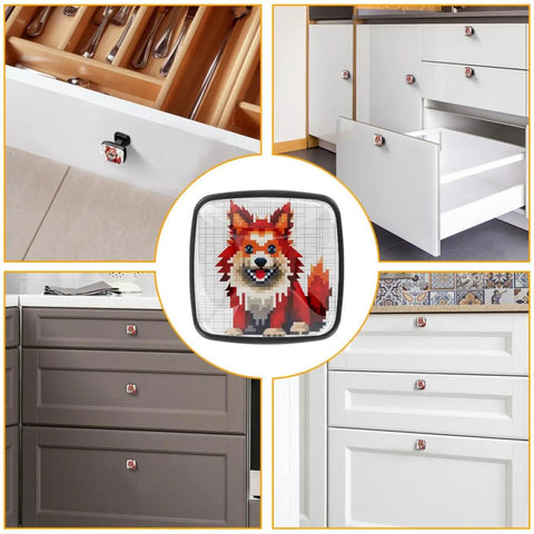 Hella Sturdy Glass Square Cabinet Knobs Set Of 4 Packed With A Sharp Red Dog Graphic And Durable Abs Frame Plus Matched Stainless Screws For A Smooth Zero Hassle Kitchen Upgrade displayed on various kitchen cabinets.
