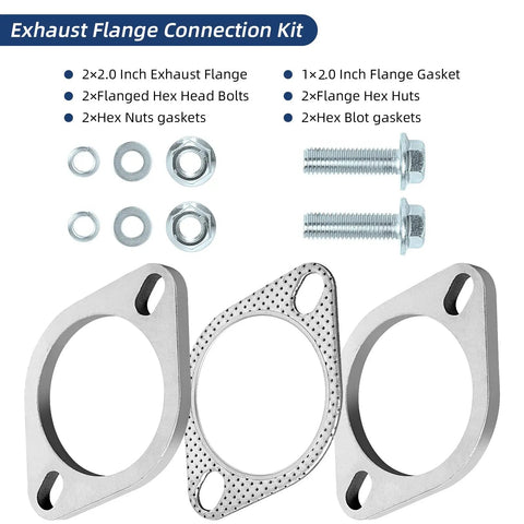 Beefy Heavy Duty Stainless Steel Two Bolt Exhaust Flange Connection Kit With Robust Gaskets And Knuckle Tight Lock Bolts For Seamless Two Inch Pipe Setup On Every Street Rod Or Daily Driver Rig showing flanges and bolts.