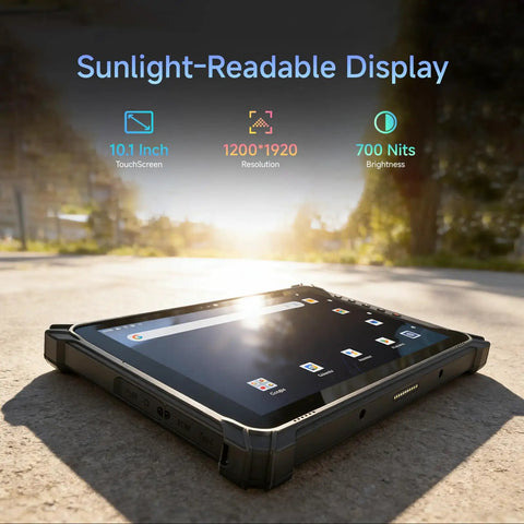 Hardcore 10.1 Inch Android 14 Industrial Tablet With Built In Zebra Barcode Scanner showing sunlight-readable display features.