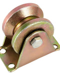 Dead Set 12 Pack 2 Inch Steel V Groove Caster Wheels With Bolts For Sliding Gates And Industrial Carts Galvanized Finish shown from a side angle.