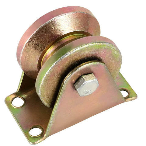Dead Set 12 Pack 2 Inch Steel V Groove Caster Wheels With Bolts For Sliding Gates And Industrial Carts Galvanized Finish shown from a side angle.