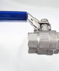 Side view of 3/4-inch full-port stainless steel ball valve with blue vinyl handle and female NPT connections