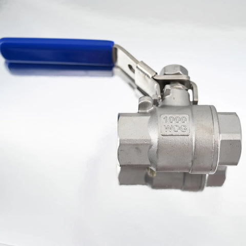 Side view of 3/4-inch full-port stainless steel ball valve with blue vinyl handle and female NPT connections