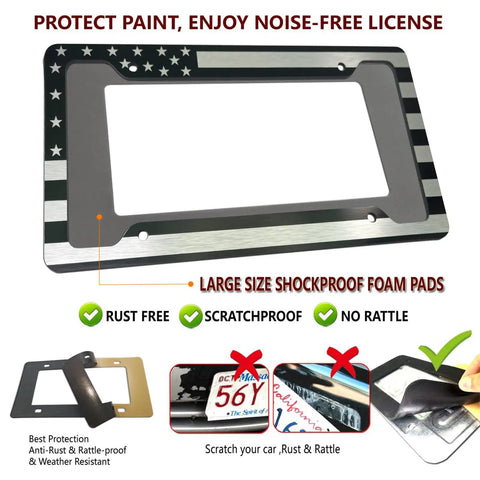 American Flag Aluminum License Plate Frame With Anti Rattle Foam Pad And Screws For Cars And Trucks Front Or Rear Tag Holder Built Tough Weatherproof Rust Resistant Thin Blue Line Black And White Stripes