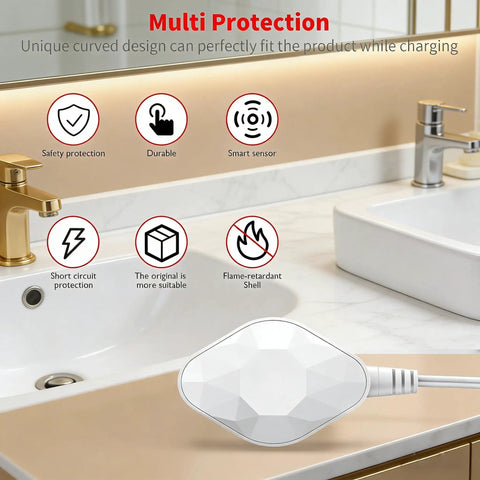 Replacement Charger For Cordless Water Flosser WP 560 562 563 567 569 With 6V 1A Power Adapter And 4.9 Ft Cable near bathroom sink.