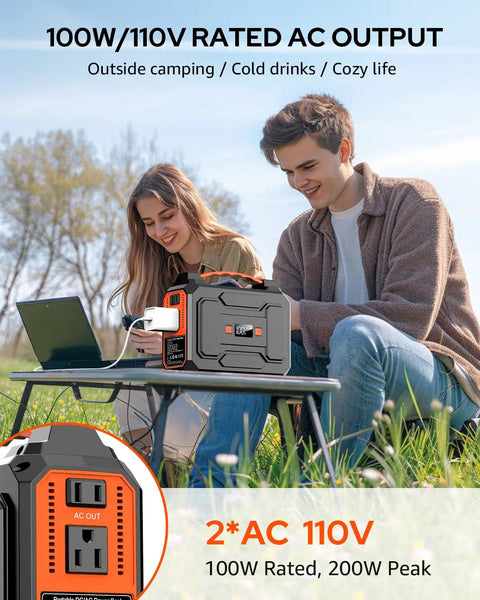 Solar Powered Portable Generator Kit With 200W Peak Output And 100W Rated, 146Wh Battery, 110V AC Outlet at outdoor picnic.