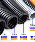Close-up of 20 Foot 1 Inch Wire Loom Split Tubing Auto Wire Conduit Flexible Cover For High Temp Electrical Protection, various diameters shown