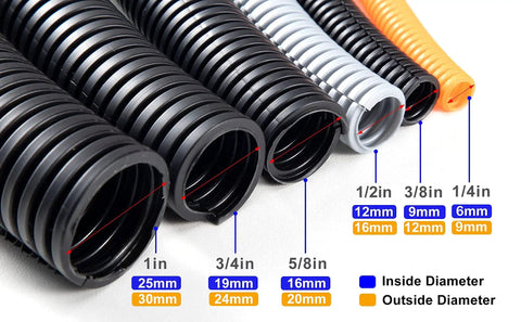 Close-up of 20 Foot 1 Inch Wire Loom Split Tubing Auto Wire Conduit Flexible Cover For High Temp Electrical Protection, various diameters shown
