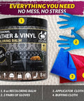 Leather And Vinyl Recoloring Balm In Pure Black for sofas, chairs, and car seats, includes 8 oz balm, gloves, cloths
