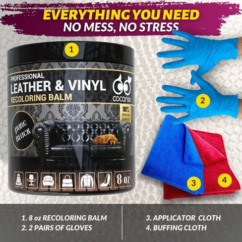 Leather And Vinyl Recoloring Balm In Pure Black for sofas, chairs, and car seats, includes 8 oz balm, gloves, cloths