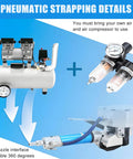 Heavy Duty Pneumatic Steel Strapping Machine With Automatic Tension Cutter For 19Mm Banding Steel Wood And Aluminum Profiles setup with air pump and compressor.