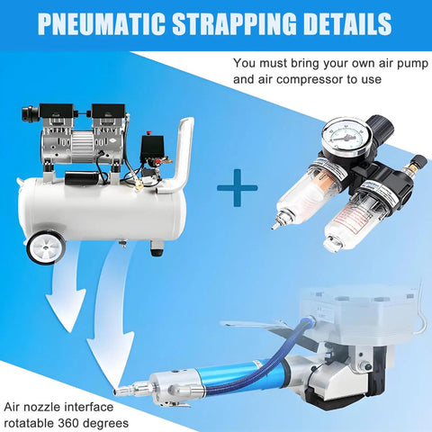 Heavy Duty Pneumatic Steel Strapping Machine With Automatic Tension Cutter For 19Mm Banding Steel Wood And Aluminum Profiles setup with air pump and compressor.