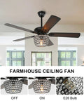 Rad Retro Style Ceiling Fan With Lights And Diamond Crystal Lampshade, Five Blade Rustic Wood Finish, showcased in living room