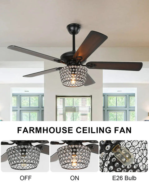 Rad Retro Style Ceiling Fan With Lights And Diamond Crystal Lampshade, Five Blade Rustic Wood Finish, showcased in living room