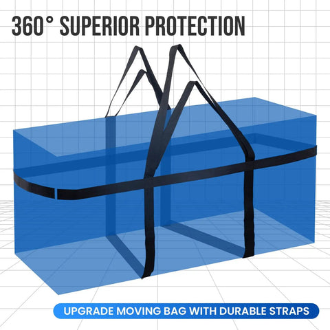 Giant 69 Gallon Extra Large Storage Bags Heavy Duty Moving Bags With Visible Window And Wrap Around Handles Blue 2 Pack Space Saving Totes Alternative To Moving Boxes, shown with durable straps, on a grid background