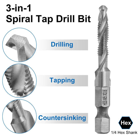 Combination Drill And Tap Bit Set For SAE And Metric Threads With Quick Change Adapter Covers SAE Six Thirty Two NC To One Quarter Twenty NC And Metric M Three To M Ten Pro Grade For Through And Blind Holes DIY Friendly For Any Job, 1/4 hex shank