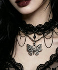 Chic Vintage Punk Butterfly Necklace With Mechanical Gears Alloy Jewelry For Daily Streetwear And Rock Concert Cosplay Look Adjustable Chain Lightweight Design on a model's neck with lace.