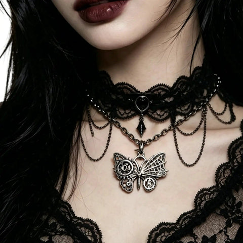 Chic Vintage Punk Butterfly Necklace With Mechanical Gears Alloy Jewelry For Daily Streetwear And Rock Concert Cosplay Look Adjustable Chain Lightweight Design on a model's neck with lace.