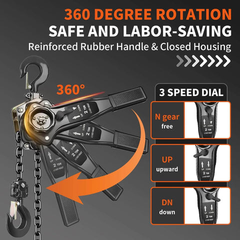 Manual Lever Chain Hoist 2 Ton Come Along 4400 Lbs Capacity 10 Ft Long Reach Galvanized G80 Carbon Steel with 360 Degree Rotation