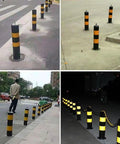 Heavy Duty Traffic Safety Bollards Constructed Tough With Vivid Reflective Tape For Driveway Barriers And City Streets Premium Steel Warning Stakes Secure Mounting Set in various street settings.