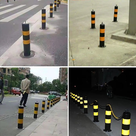 Heavy Duty Traffic Safety Bollards Constructed Tough With Vivid Reflective Tape For Driveway Barriers And City Streets Premium Steel Warning Stakes Secure Mounting Set in various street settings.