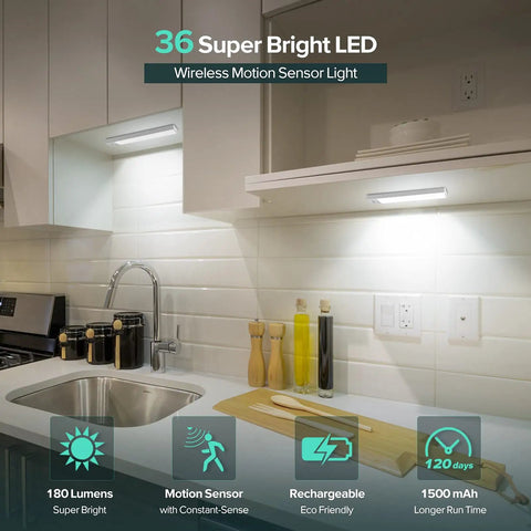 Kitchen with 3 Pack Wireless LED Closet Lights With Motion Sensor, 38 LEDs, 180 Lumens illuminating under cabinets