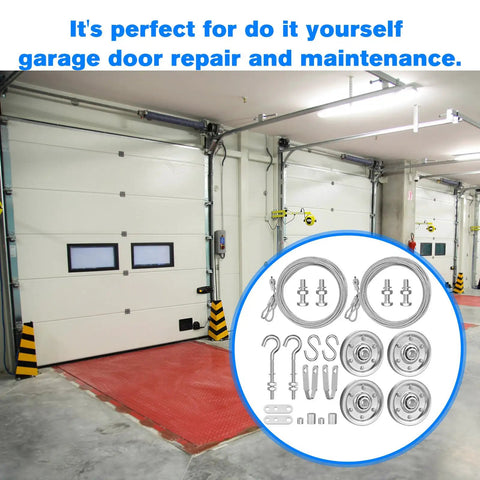 Garage Door Cable Replacement Kit for Overhead Sectional Doors displayed with pulleys, cables, and fasteners, in garage setting.