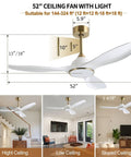 52 Inch Modern Ceiling Fan With Slick White And Gold Trim Hosting A Heavy Duty DC Motor That Pushes Sweet Cooling Airflow Quick While Delivering Zero Hassle Remote Operation Plus Soft Led Glow, showing dimensions and installation options.