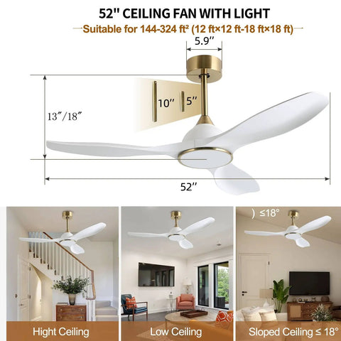 52 Inch Modern Ceiling Fan With Slick White And Gold Trim Hosting A Heavy Duty DC Motor That Pushes Sweet Cooling Airflow Quick While Delivering Zero Hassle Remote Operation Plus Soft Led Glow, showing dimensions and installation options.