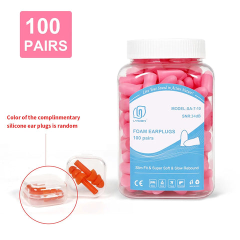 Slim Fit Foam Ear Plugs For Small Ear Canals, 100 Pairs, 35dB SNR Noise Reduction, pink foam in clear plastic jar