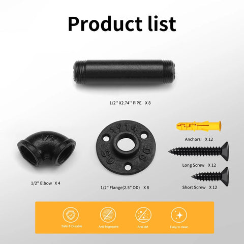 Half Inch Pipe Shelf Bracket Set Of 4 For Wall Mounted Floating Shelves Industrial Rustic Decor Heavy Duty Metal Brackets 4.5 By 4.5 Inches Sturdy Space Saver product list including pipes, elbows, and screws.