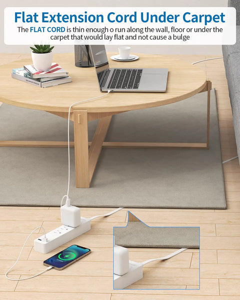 Ultra Thin 15 Ft Flat Extension Cord With 3 Outlets And 2 USB Ports, Wall Mount Power Strip, shown under carpet in living room