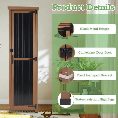 62 Inch Tall Narrow Outdoor Storage Cabinet With Metal Top Waterproof All Weather Storage Unit with black metal hinges.