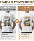 Comparison of a t-shirt with and without Silicone Heat Press Mat 3 Pack Set For T Shirts And HTV Sublimation Built To Last Three Eighths Inch Thick Replacement Pads
