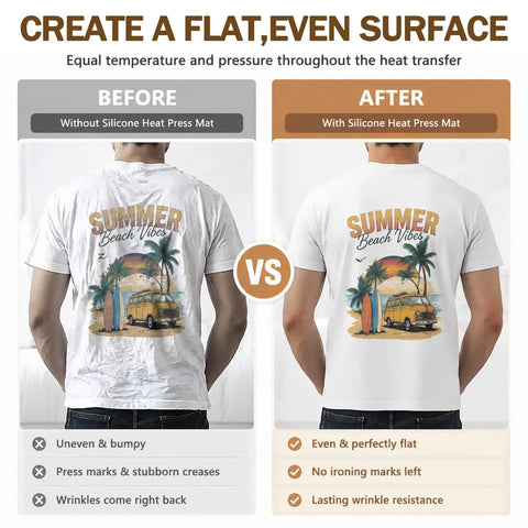 Comparison of a t-shirt with and without Silicone Heat Press Mat 3 Pack Set For T Shirts And HTV Sublimation Built To Last Three Eighths Inch Thick Replacement Pads