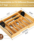 Straight Up Expandable Bamboo Kitchen Drawer Organizer With 2.5 Inch Elevated Sides And Curved Grooves with cutlery organized inside.