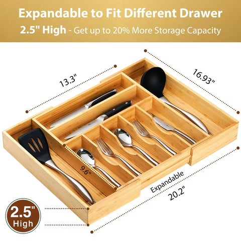 Straight Up Expandable Bamboo Kitchen Drawer Organizer With 2.5 Inch Elevated Sides And Curved Grooves with cutlery organized inside.