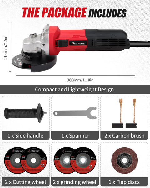 AVID POWER 4.5-inch angle grinder, red/black, side view with 2 cutting wheels, 2 grinding wheels, flap disc, handle