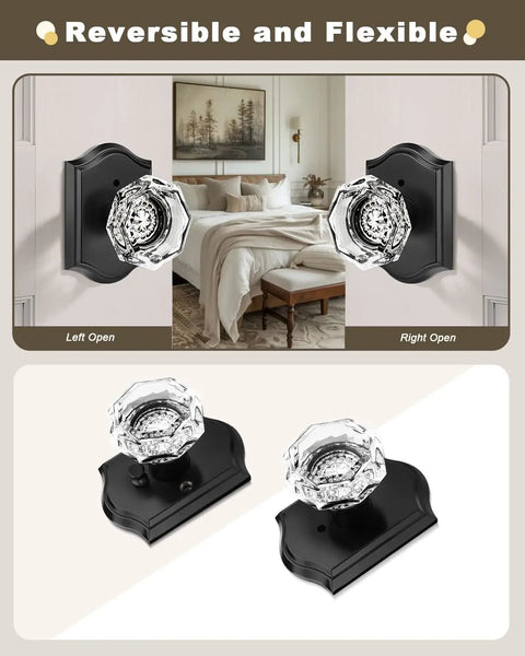 Matte Black Octagon Crystal Glass Door Knob Set 6 Pack Keyless Privacy Function for Bedroom and Bathroom displayed in room