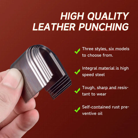 Hand holding high-speed steel punches from 18 Piece Leather Punch Set For DIY Leatherworking With Six Sizes 15mm 20mm 25mm 30mm 35mm 38mm And Round Pointed And Square Heads Pro Grade Alloy Steel Embossing Tools For Beginners And Pros