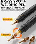 Brass spot welding pen with silicone grip, featuring detachable welding heads for versatile use.