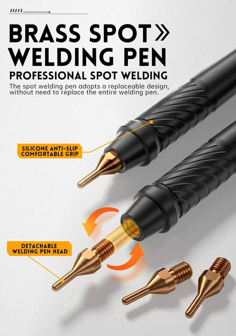 Brass spot welding pen with silicone grip, featuring detachable welding heads for versatile use.