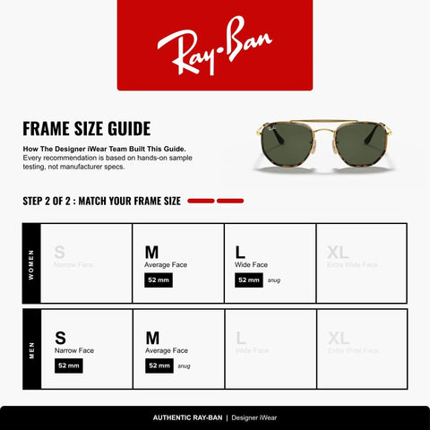 Marshal II Geometric Aviator Sunglasses With Gold Frame And G15 Green Lenses, 52MM, shown in frame size guide.